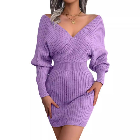 Damen gestricktes Minikleid mit V-Ausschnitt R&B