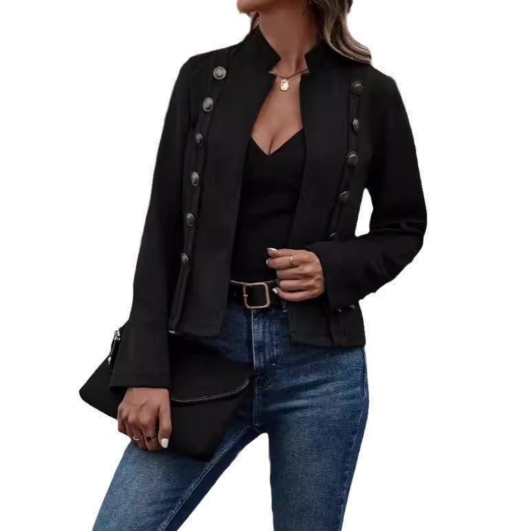 Damen modische Suedejacke mit steigendem Kragen und Knöpfen R&B