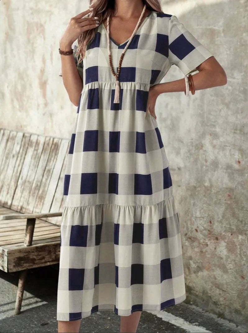 Damen Langarmkleid mit modischem Karomuster und fließendem Schnitt R&B