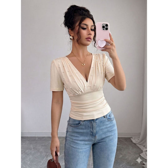 Damen elegante Bluse mit Perlen-Detail R&B