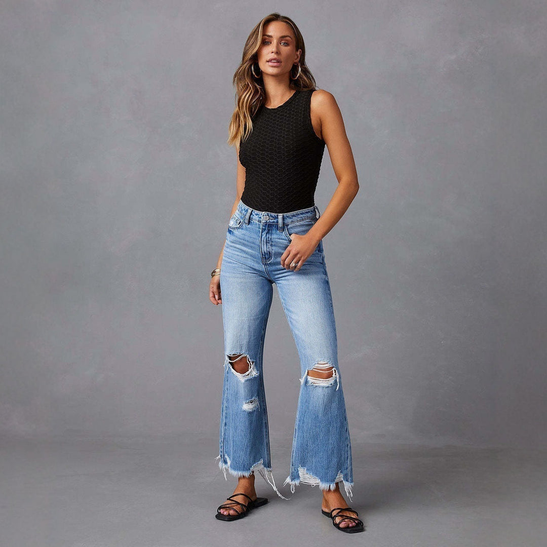 Damen Flared Jeans mit stylischen Rissdetails und ausgefransten Säumen R&B