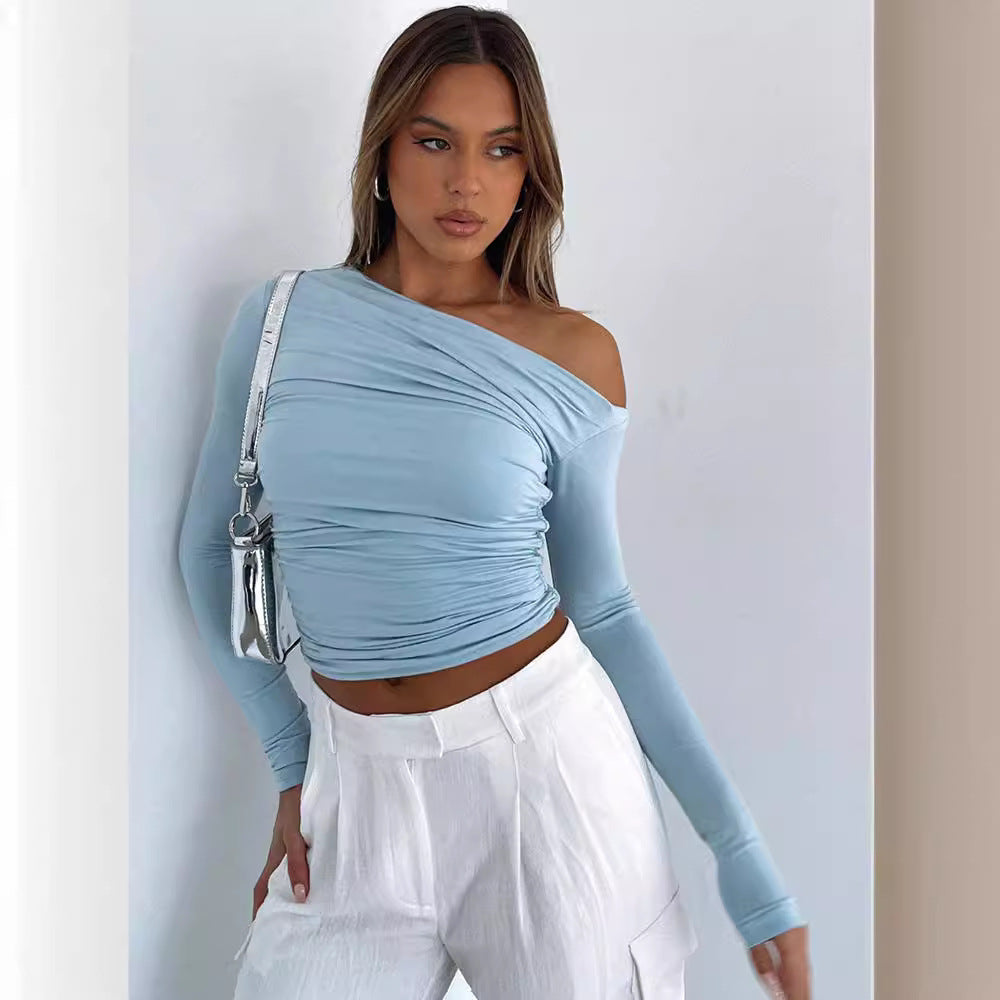 Damen Stylisches Oversized Shirt mit versetztem Kragen und Raffung