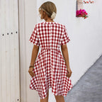 Damen Midikleid mit V-Ausschnitt, tailliertem Kordelzug und karierter Optik R&B