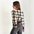 Damen cropped Strickjacke mit modernem Karomuster und knöpfbarem Design R&B