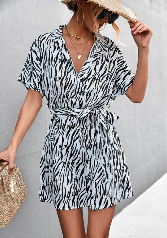 Damen legeres Kurzarmkleid mit trendigem Zebra-Print und Gürtel R&B