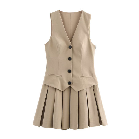 Damen Plissee-Kleid mit tailliertem Oberteil und Knopfleiste R&B