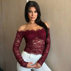 Damen Spitzencrop-Top mit Off-Shoulder Design und Rüschendetails R&B