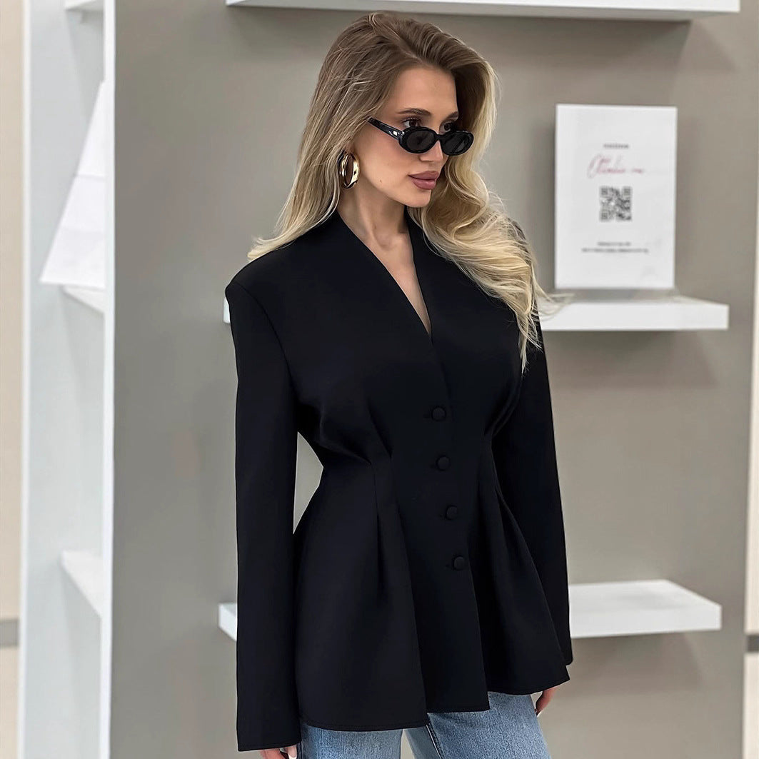 Damen nan figurbetonter Blazer mit Wiener Nähten, bezogenen Knöpfen und taillierter Falten-Silhouette R&B