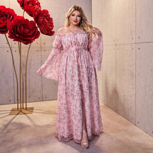 Damen Maxikleid mit schulterfreiem Design und floralen Akzenten R&B