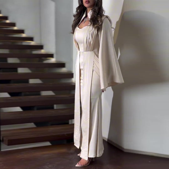 Damen elegantes Maxikleid mit schickem Taillenschnitt und luxuriösem Satinbesatz R&B