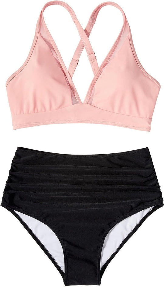 Damen Sportliches Bikini-Set mit verschränkten Trägern und hohem Schnitt R&B