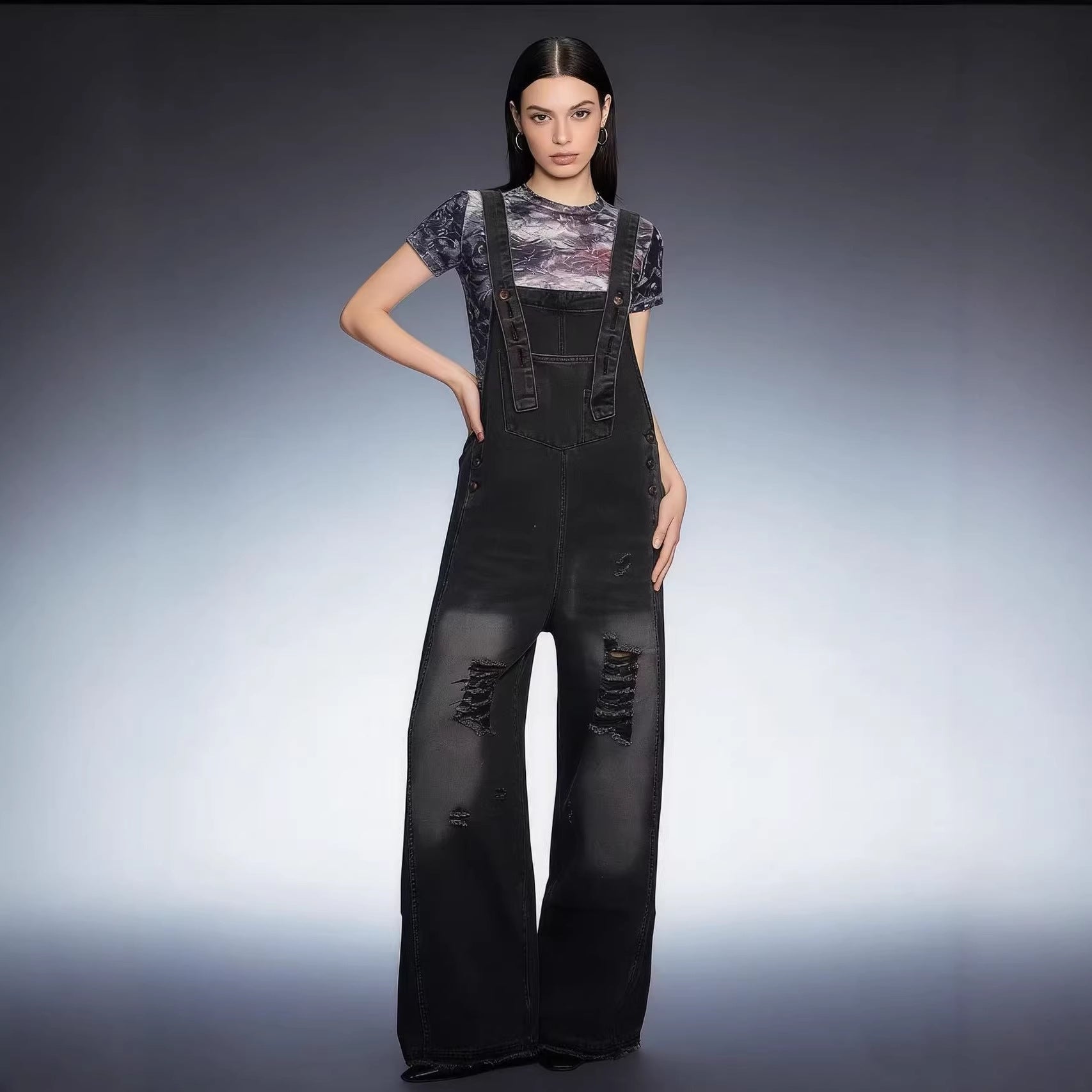 Damen Latzhose Jeans Damen mit weitem Bein und Rissdetails