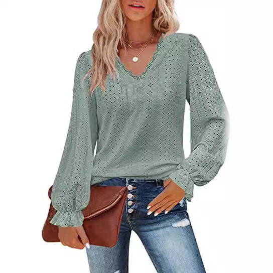 Damen Bluse mit Spitzenmuster und Ballonärmeln R&B
