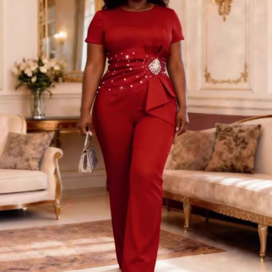 Damen eleganter Jumpsuit mit dekorativem Rüschen-Detail und Perlenakzenten R&B