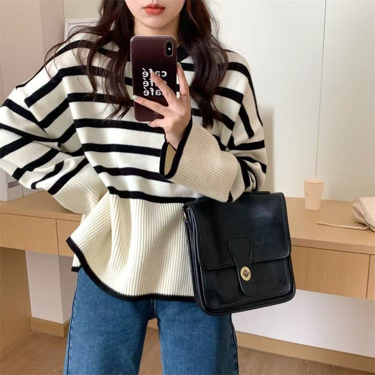 Damen gemütlicher Strickpullover mit Streifen R&B