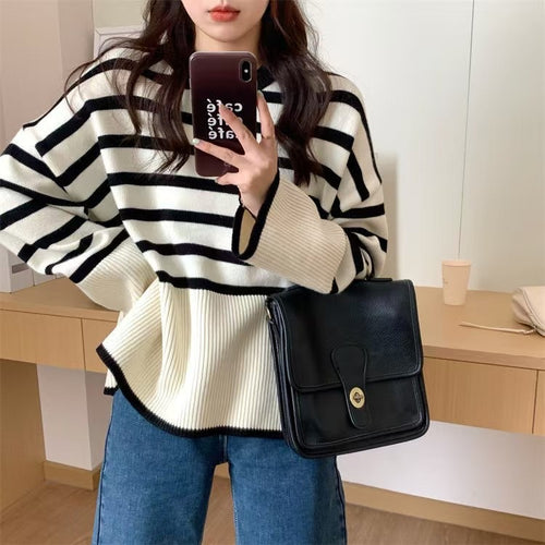 Damen gemütlicher Strickpullover mit Streifen R&B