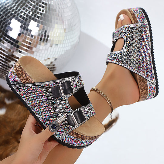 Damen Komfortable Sandalen mit dekorativen Schnallen und buntem Glitzerdesign R&B