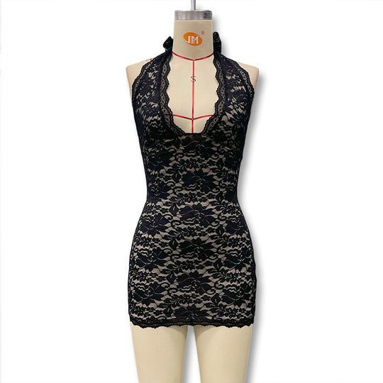 Damen Spitzenkleid mit tiefem Halterneck und figurbetontem Schnitt R&B