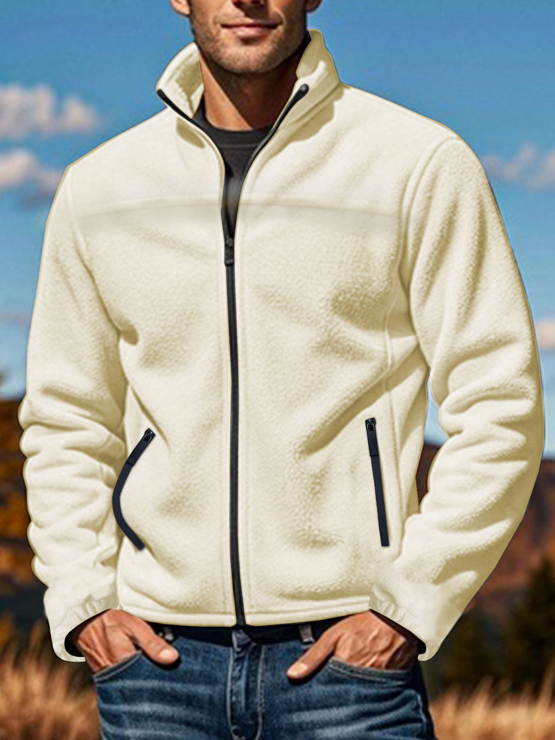 Herren nan warme Fleecejacke mit Reißverschluss, Stehkragen und Reißverschlusstaschen R&B