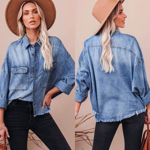Damen Lässige Denimbluse mit Fransen und aufgesetzten Taschen R&B