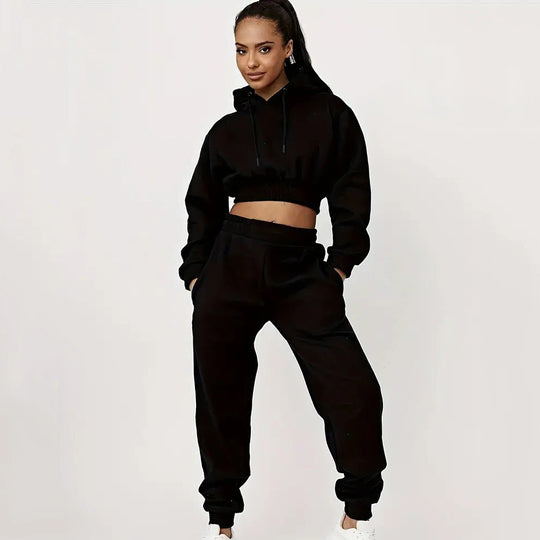 Damen Sportliches Cropped Hoodie und lässige Jogginghose Set R&B