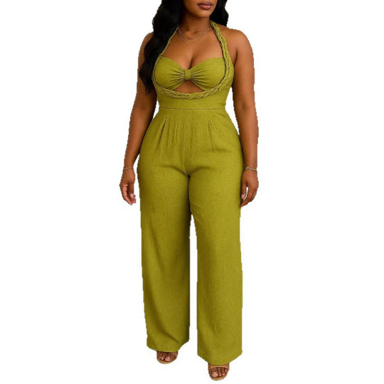 Damen nan taillierter Halter-Einteiler mit geflochtenen Trägern, geknotetem Bustier und weitem Hosenbein R&B