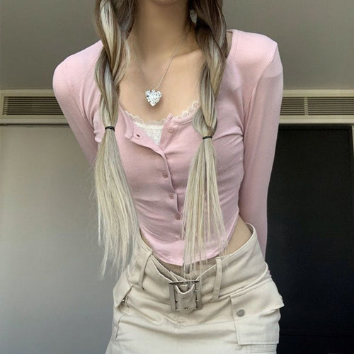 Damen Cropped Langarmshirt mit verspieltem Knopfleisten-Design und raffinierten Trägerdetails R&B