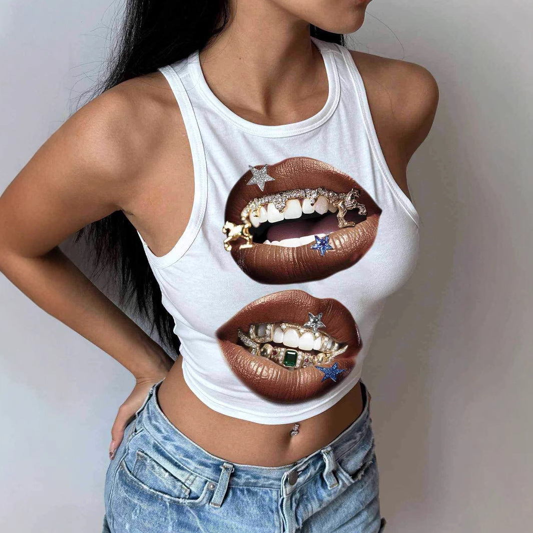 Damen Tanktop mit künstlerischem Lippenmotiv und figurbetontem Schnitt R&B