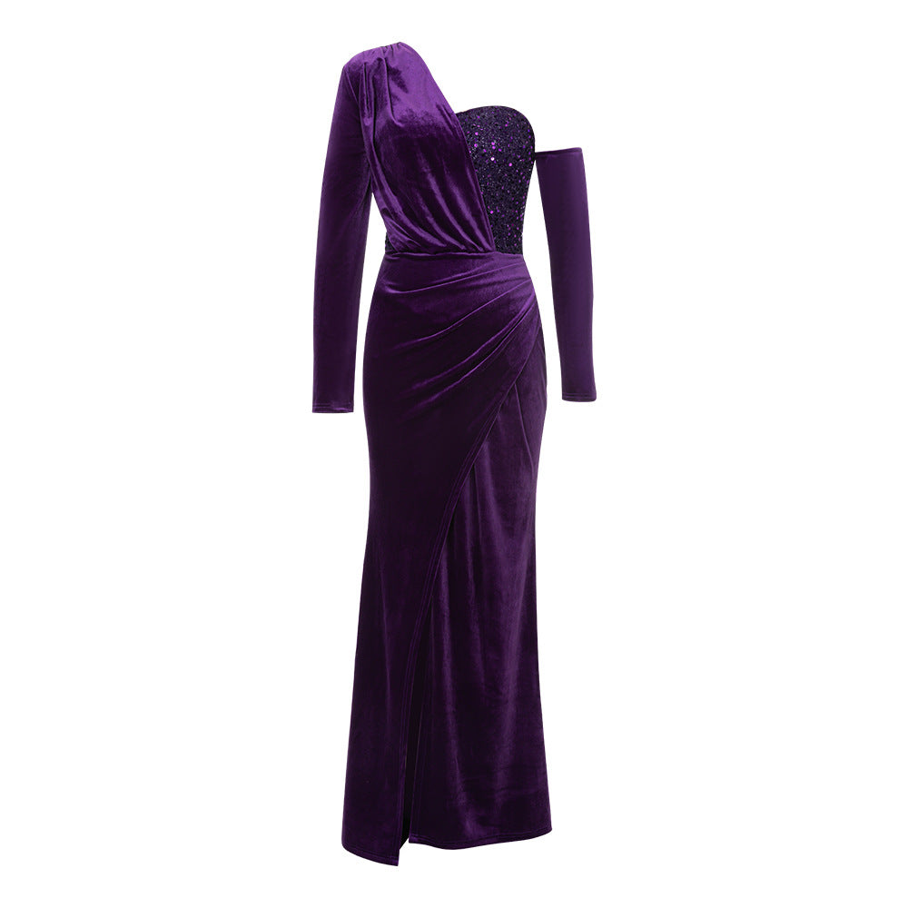 Damen Samt Abendkleid mit asymmetrischem Ausschnitt und eleganter Drapierung R&B