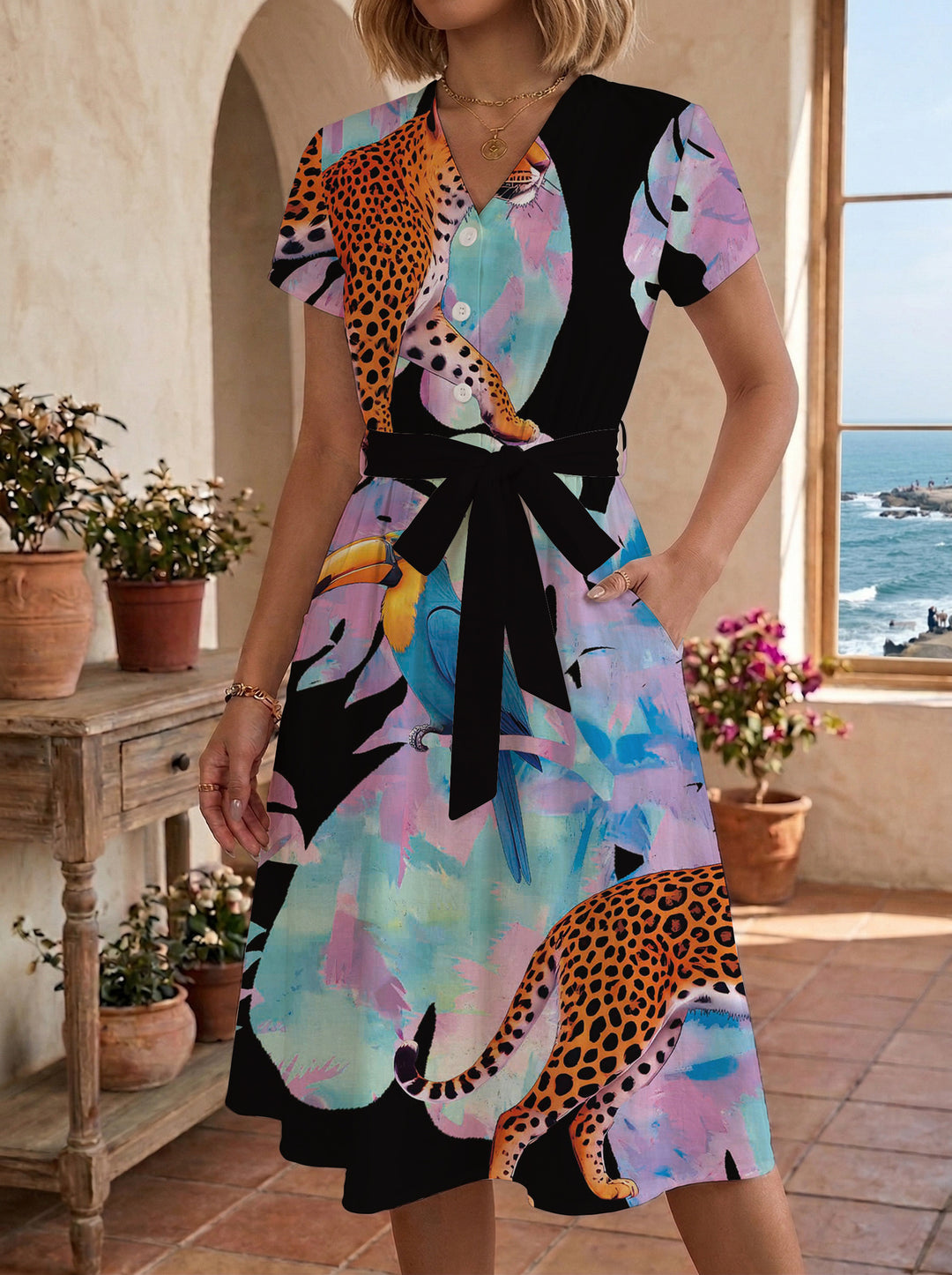 Damen Blühendes Midikleid mit taillierbarem Gürtel und kunstvollem Print R&B