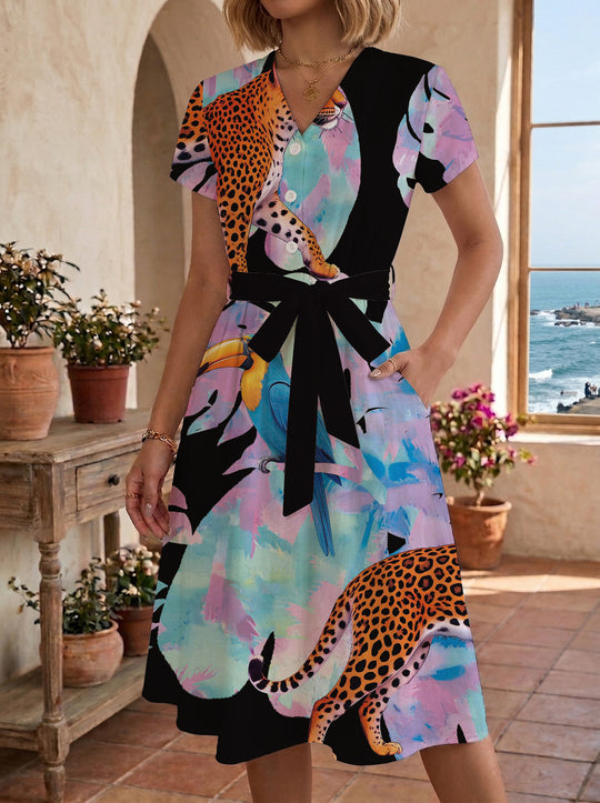 Damen Blühendes Midikleid mit taillierbarem Gürtel und kunstvollem Print R&B