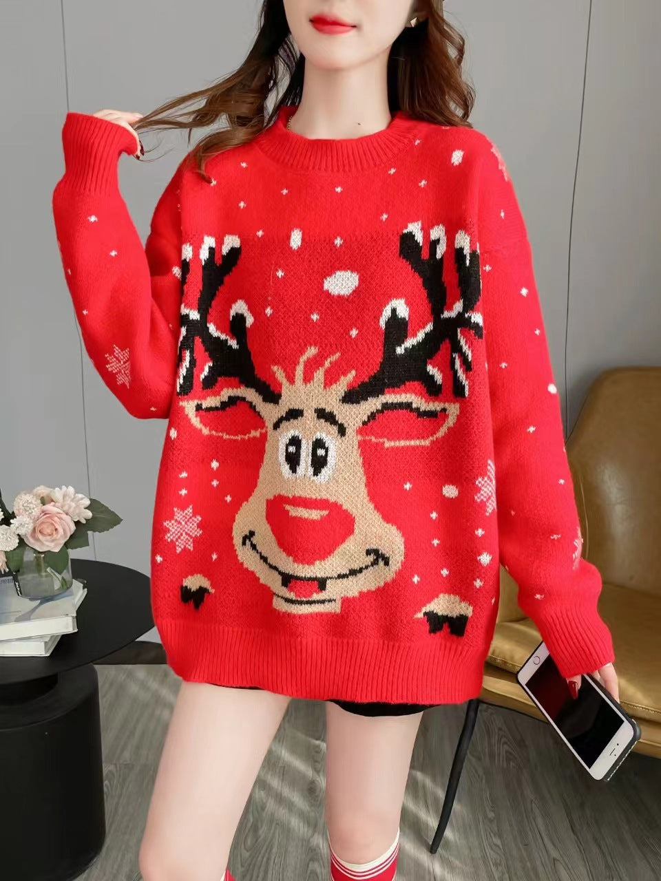 Damen Weihnachts-Pullover mit einzigartigem Rentier-Motiv R&B