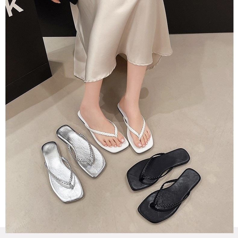 Damen Flip-Flops mit geflochtenem Riemen und bequemer Sohle EB