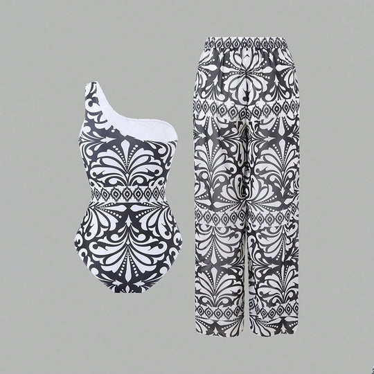 Damen einteiliger Badeanzug mit farbenfrohem Druck und passender Palazzo-Hose R&B