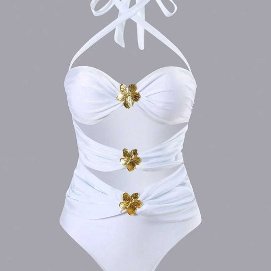 Damen Einteiler Badeanzug mit eleganten Drapierungen und Goldakzenten R&B