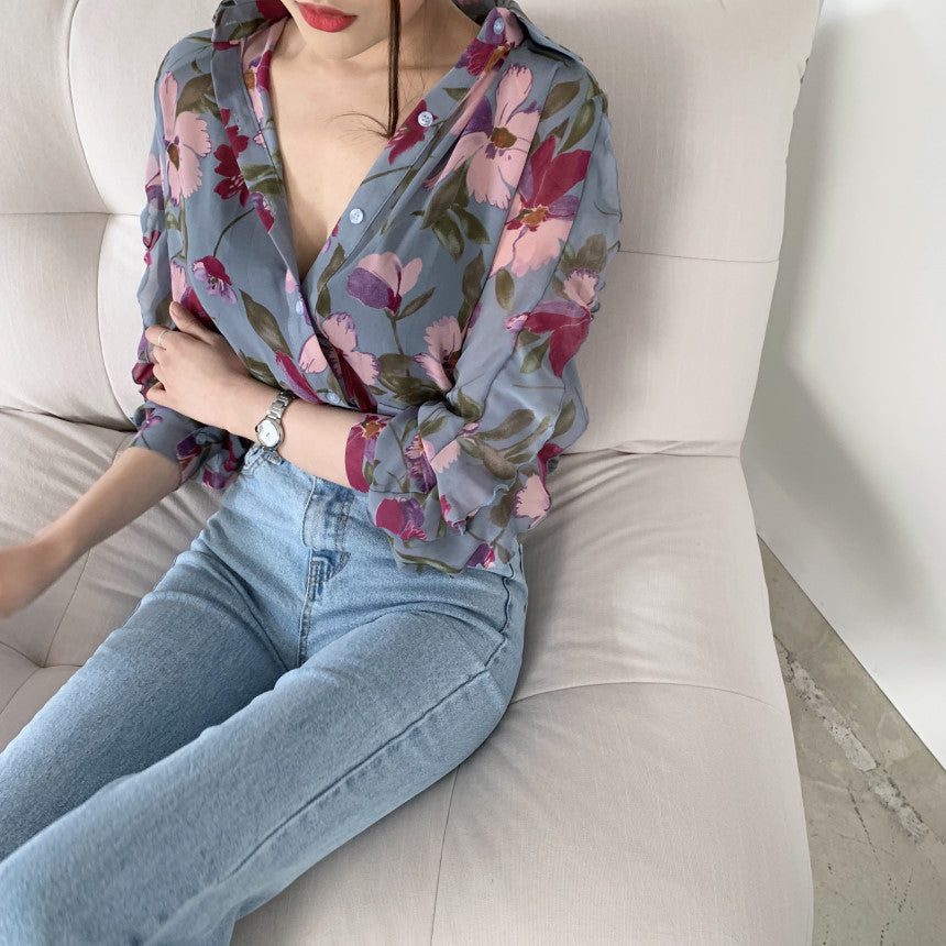 Damen Blumenmuster Durchsichtige Knopf- Up Hemd R&B