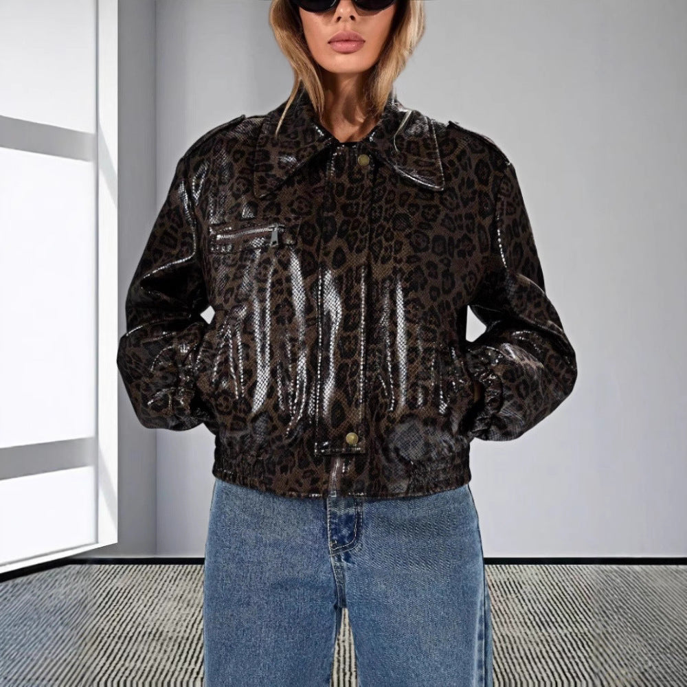 Damen Kunstleder Bikerjacke im Leo-Design R&B