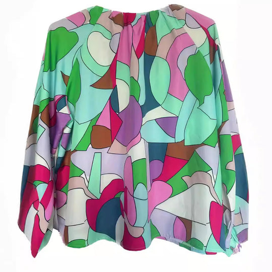 Damen Bluse mit V-Ausschnitt und modischem Grafikdesign R&B