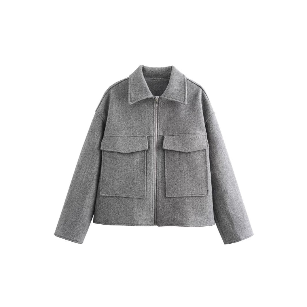 Damen lässige Overshirt-Jacke mit Taschen und Reißverschluss R&B