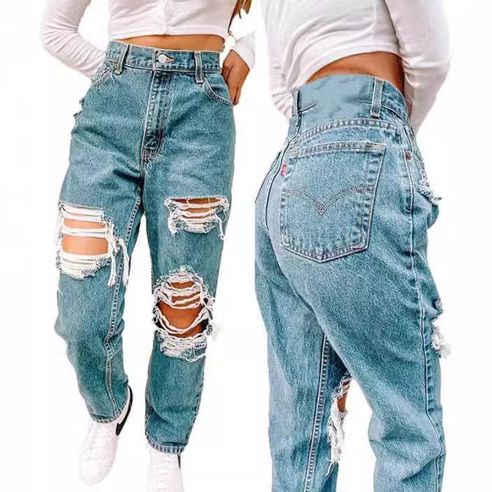 Damen Vintage High-Waist Destroyed Jeans mit fransigen Details R&B