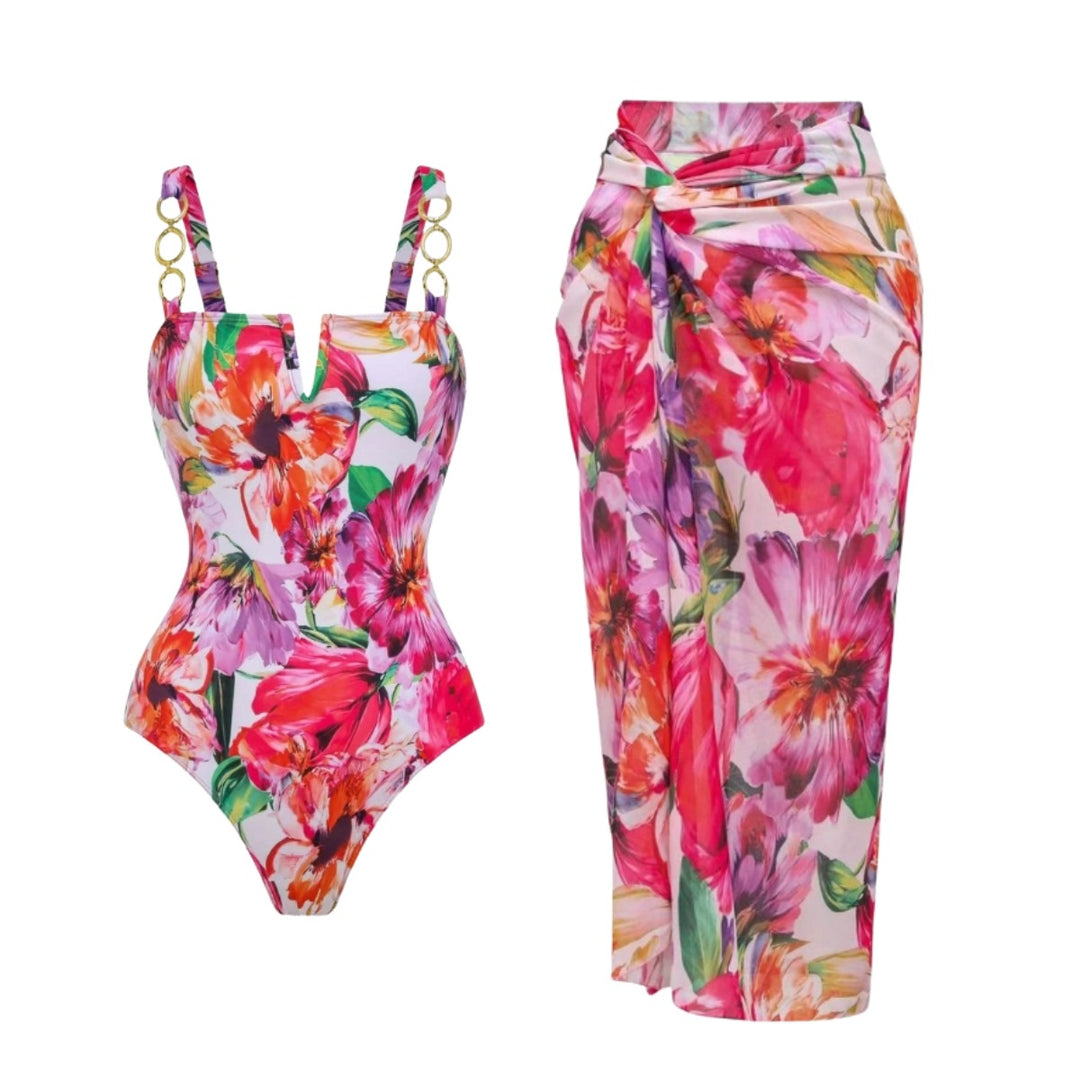 Damen eleganter Badeanzug mit floralem Wickelrock R&B