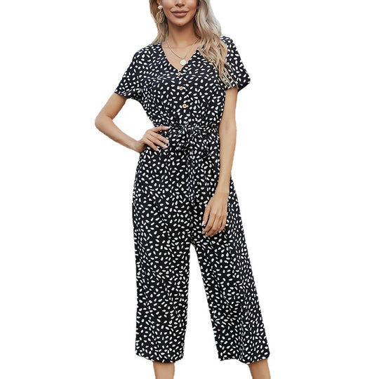 Damen Jumpsuit mit knöpfbarem Ausschnitt und Taillengürtel R&B