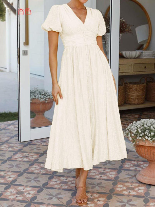 Damen Maxikleid mit V-Ausschnitt und luftigen Puffärmeln R&B