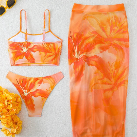 Damen Bikini-Set mit floralem Balconette-Oberteil und transparentem Wickelrock R&B