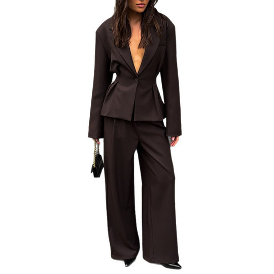 Damen eleganter Hosenanzug mit tailliertem Blazer und weitem Bein R&B