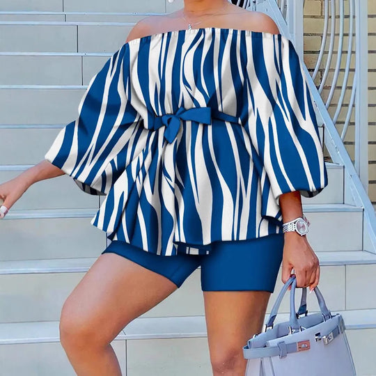 Damen Off-Shoulder Tunika mit weiten Ärmeln und elastischem Taillenband R&B