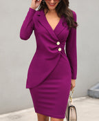 Damen elegantes Wickelkleid mit tiefem V-Ausschnitt und Knopfdetails R&B