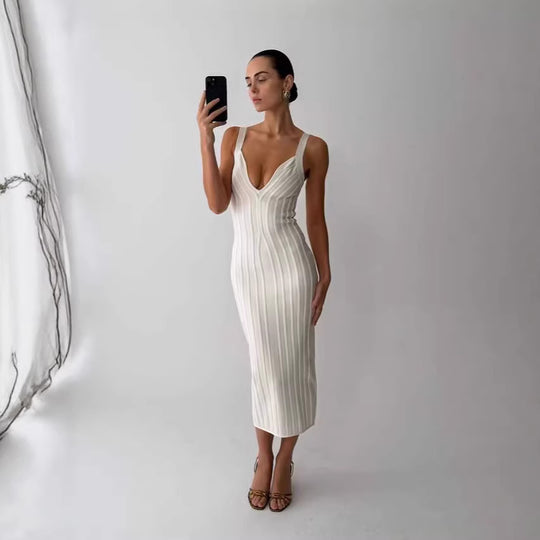 Damen Figurbetontes Maxikleid mit tiefem V-Ausschnitt R&B