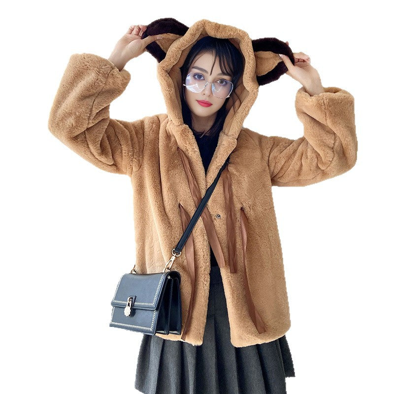 Damen Kuschelige Kunstpelzjacke mit Kapuze und Schleifendetails R&B
