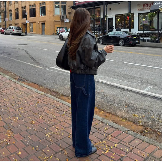 Damen lässige Kunstlederjacke mit voluminösen Ärmeln R&B